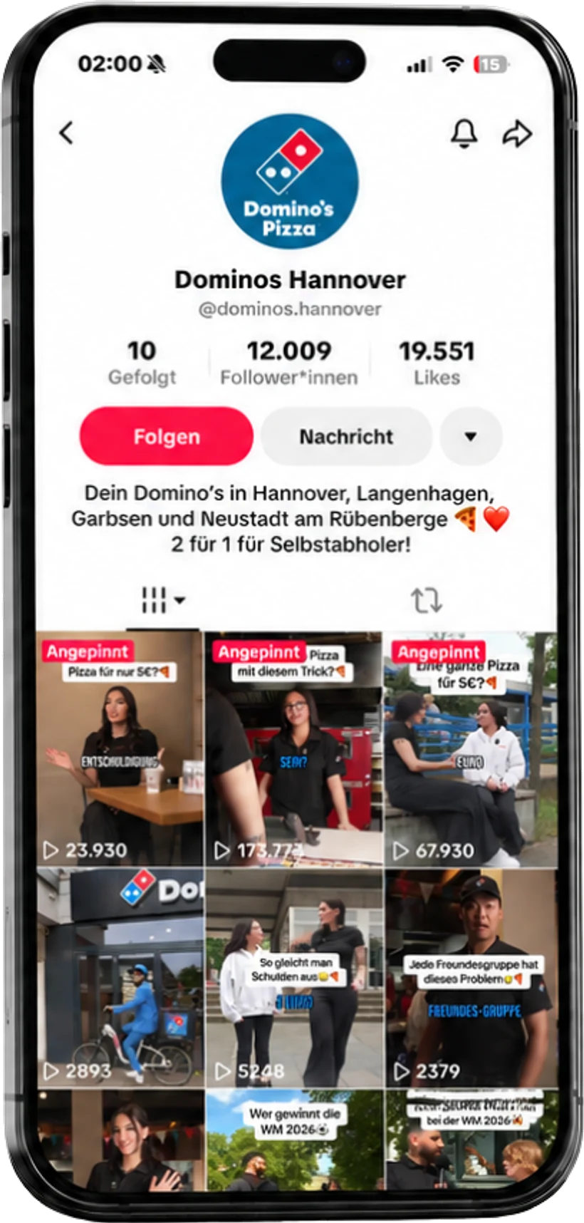 TikTok-Profil von Domino’s Hannover mit über 12.000 Followern
